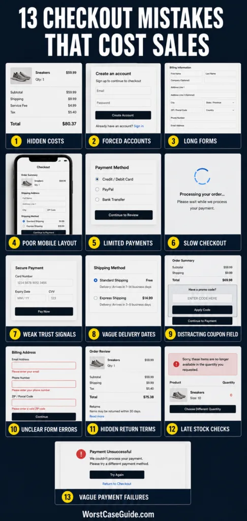 Common checkout mistakes that can lead to increased cart abandonment, emphasizing the importance of a smooth online shopping experience.
