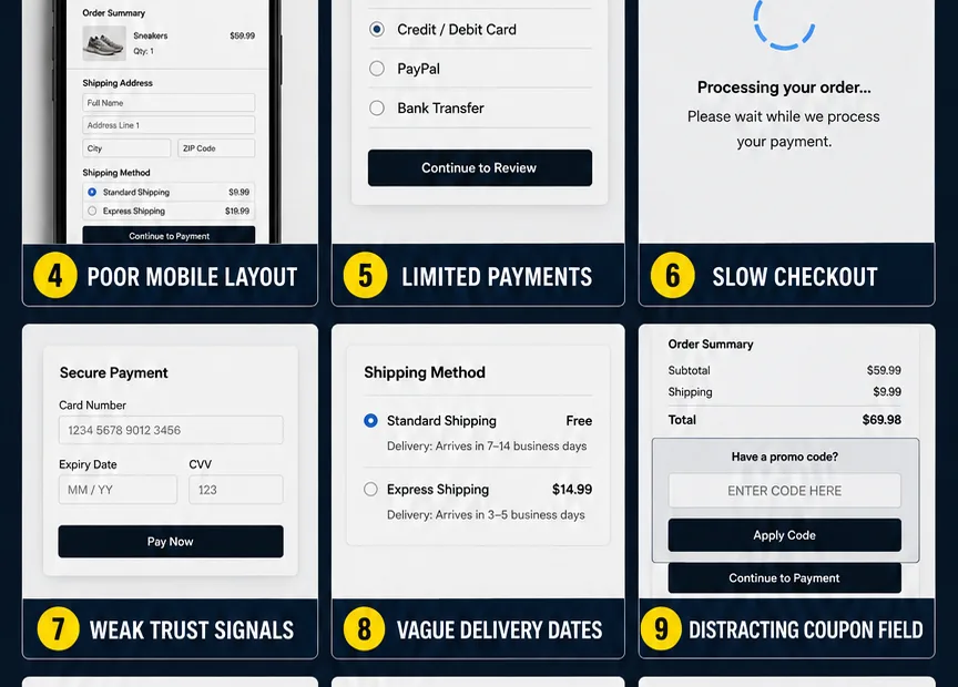 Common checkout mistakes that can lead to increased cart abandonment, emphasizing the importance of a smooth online shopping experience.