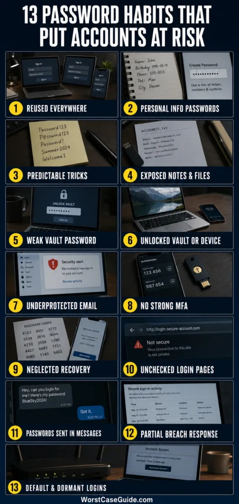 Common password management mistakes that can compromise account security, like reuse, weak passwords, and poor protection practices.