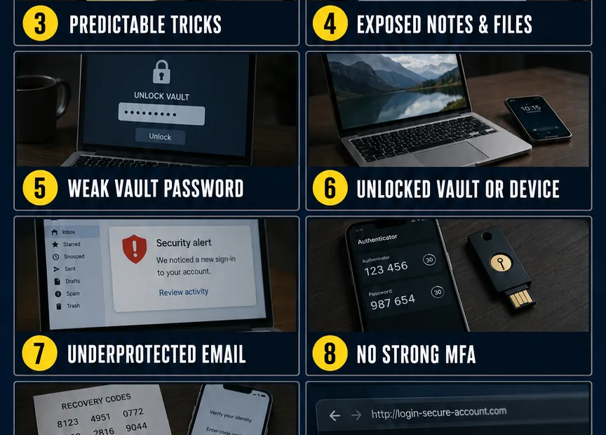 Common password management mistakes that can compromise account security, like reuse, weak passwords, and poor protection practices.
