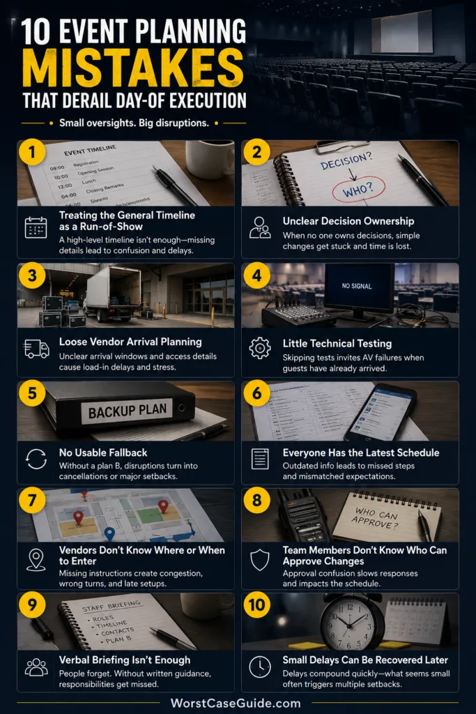 Common event planning mistakes that can cause chaos during the day of the event and how to avoid them for smooth execution.