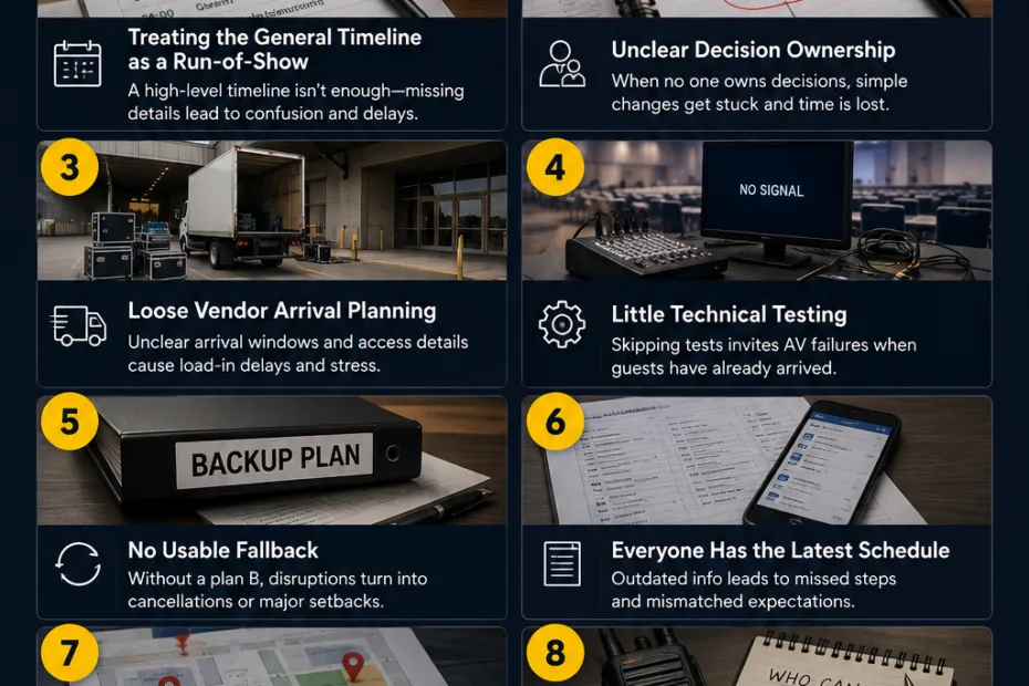 Common event planning mistakes that can cause chaos during the day of the event and how to avoid them for smooth execution.