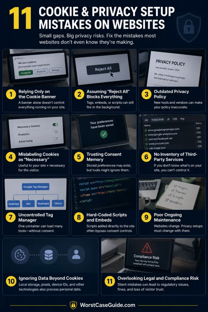 Screenshots showing common cookie privacy mistakes websites should avoid to protect user data and ensure legal compliance.