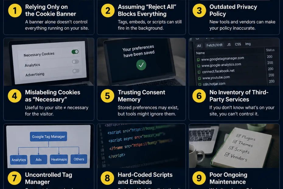 Screenshots showing common cookie privacy mistakes websites should avoid to protect user data and ensure legal compliance.