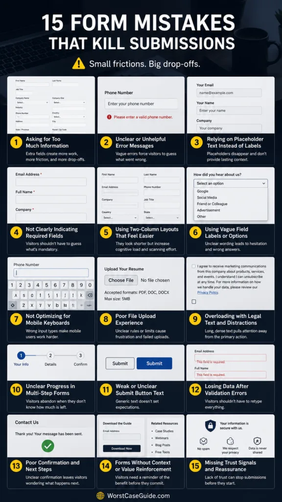 Example of common form design mistakes that can lead to lower submissions and frustrate users.