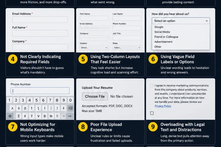 Example of common form design mistakes that can lead to lower submissions and frustrate users.