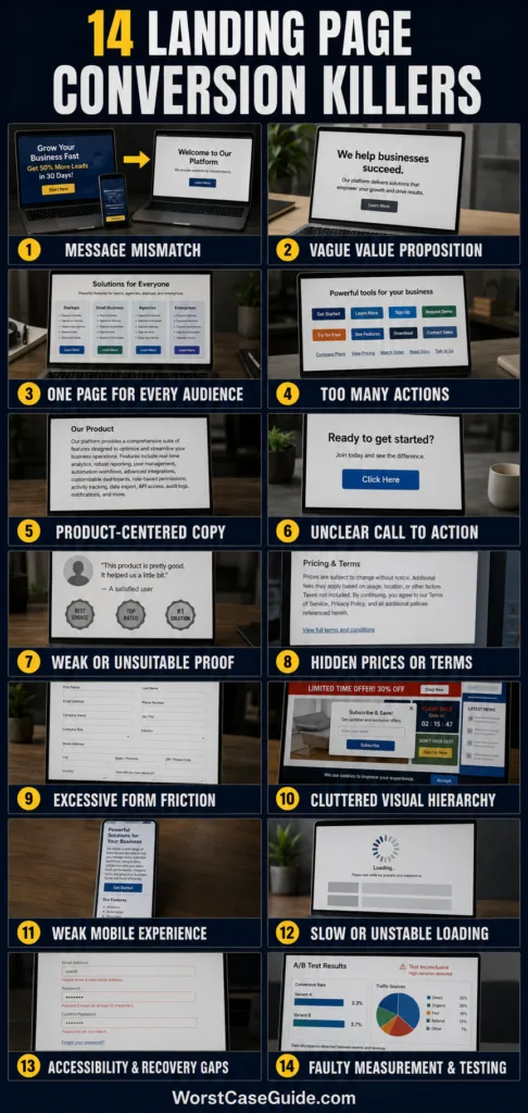 Common landing page mistakes that hurt conversions, including confusing layout, weak calls to action, and poor mobile optimization.