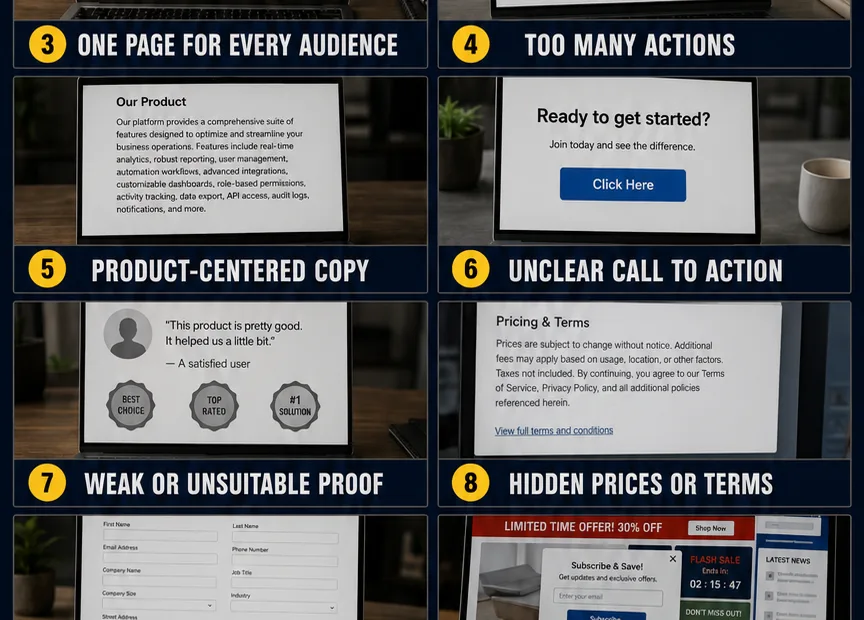 Common landing page mistakes that hurt conversions, including confusing layout, weak calls to action, and poor mobile optimization.