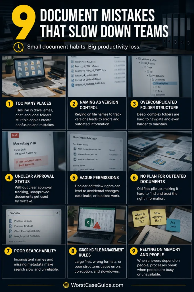 Common document management mistakes that can cause delays and hinder team productivity in handling files efficiently.
