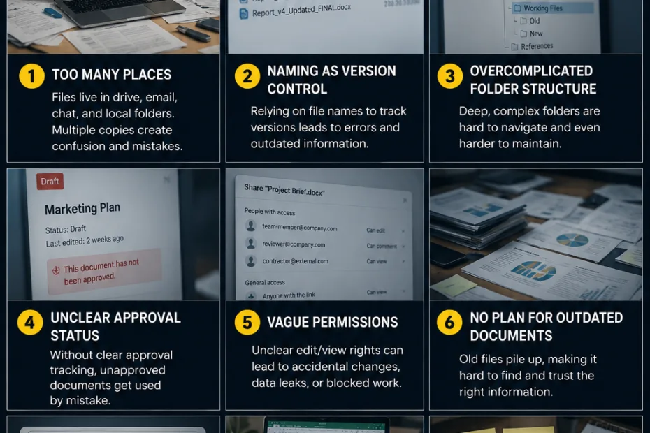 Common document management mistakes that can cause delays and hinder team productivity in handling files efficiently.